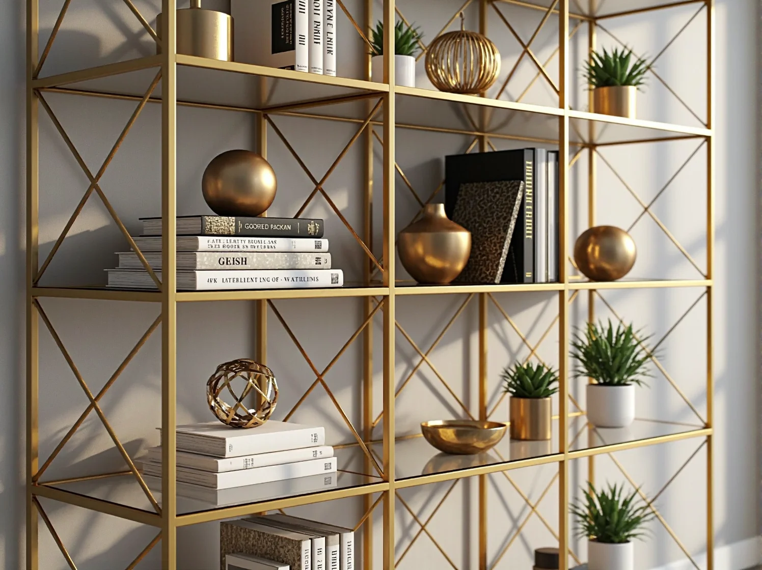 Złoty regał biurowy ze szklanymi półkami w stylu glamour – luksusowe wyposażenie prestiżowego gabinetu.